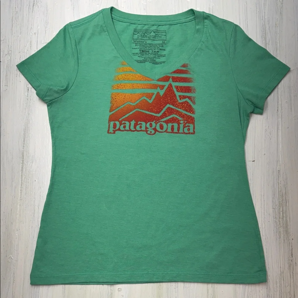 Patagonia V Neck Green and Orange Mountain Tee Sz M - Picture 1 of 5